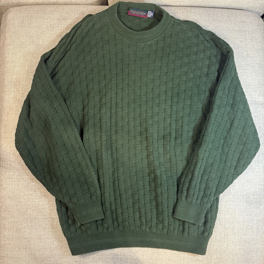 Saddlebred Green Textured Knit Sweater Men's 2XL Crewneck 100% Cotton Pullover